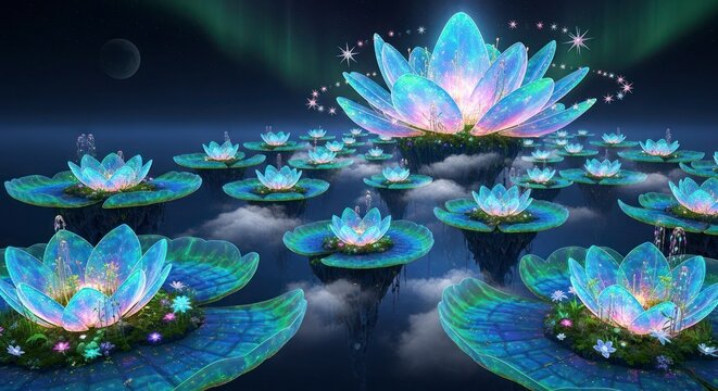 Fantasy lotus flowers float on a tranquil lake with soft glowing lights