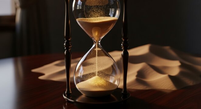 Hourglass on table with flowing sand close up concept time passing