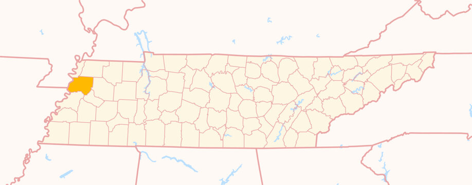 Map of the County Dyer (Tennessee, US) showing the Federal State with the highlighted County
