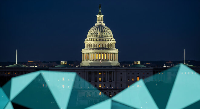 US Capitol Building at Dusk - Illuminated Dome with Blue Geometric Overlay - Government and Politics, Architecture.