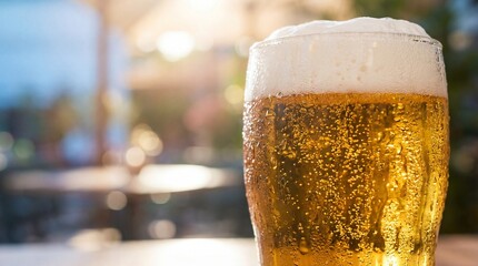 A refreshing glass of beer with condensation and foam on a blurred outdoor background at sunset or sunrise with a warm atmosphere and golden light