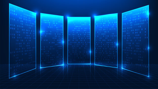 Technology background digital screen with running code and data streams, representing software development, programming, coding process, system engineering, and modern digital technology innovation.