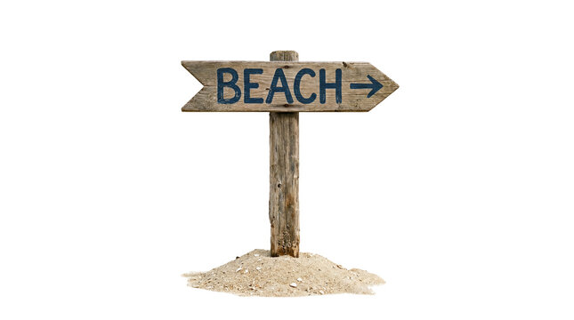 Old wooden arrow signpost with BEACH text and arrow in sand, isolated on transparent background