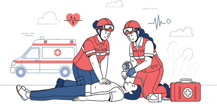 Emergency CPR First Aid Scene with Paramedics Performing Cardiopulmonary Resuscitation, Ambulance Support and Life Saving Medical Assistance Illustration