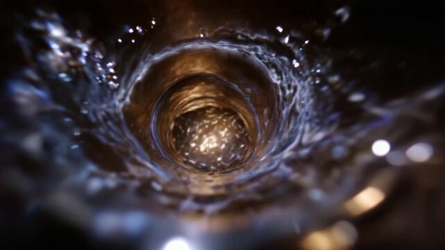 A Mesmerizing View Inside a Swirling Water Vortex Captured from Above, Showcasing the Dance of Light and Liquids in a Spiraling Motion
