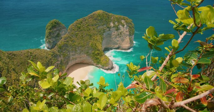 Wild plants grow on cliffs above hidden beach on Nusa Penida island Bali
