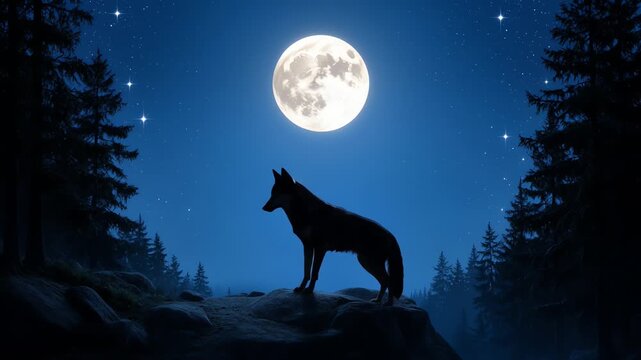 Wolf Howling at Full Moon in Night Forest Silhouette