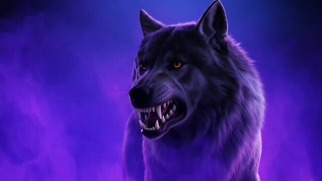 Ferocious Wolf Growling in Dramatic Purple and Blue Mist