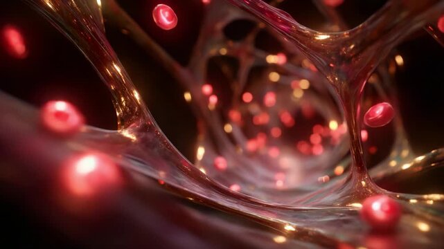 Complex Visualization of Intricate Cellular Structures with Pulsating Patterns and Dynamic Red Elements in a Multi-Layered Network Design