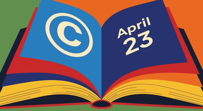 Open book with copyright symbol and date April 23, abstract design, isolated on transparent background