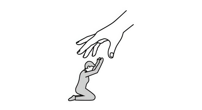 A person kneeling in supplication as a large hand reaches down, symbolizing help, divine intervention, or seeking assistance.