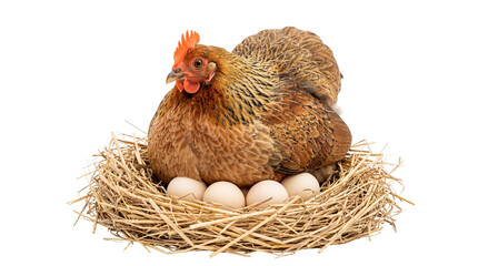 Brown hen with red comb sitting on a straw nest brooding white eggs, isolated on transparent background © Marie