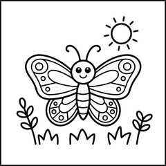 Obraz premium Butterfly coloring page with sun and grass vector illustration for kids and adults flat design