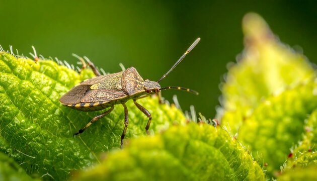 Brown Shield Bug on Green Leaf Closeup.