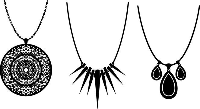 Set of three elegant black silhouette necklaces with intricate ethnic and geometric patterns, minimalist luxury jewelry vector isolated on white.
