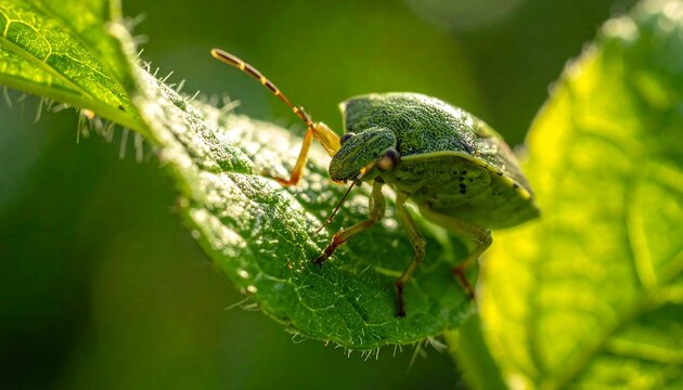 Green Shield Bug on Leaf Closeup.