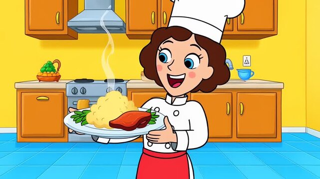 Happy Cartoon Chef Presenting Steaming Plate of Food in Kitchen