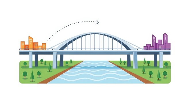 An illustration of a modern arch bridge connecting two distinct city skylines over a flowing river, symbolizing connection and urban development.