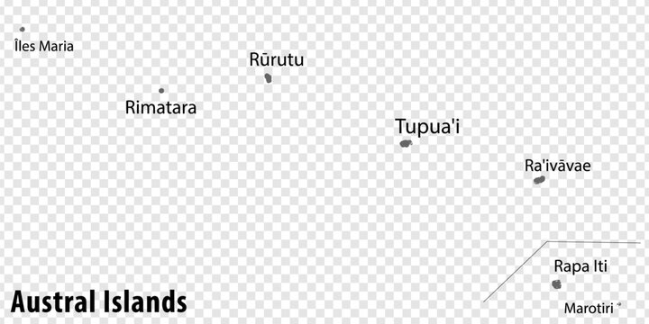 Blank map Austral Islands in gray. Every Island map is with titles. High quality map of  Austral Islands  on transparent background for your  design.  French Polynesia. EPS10.