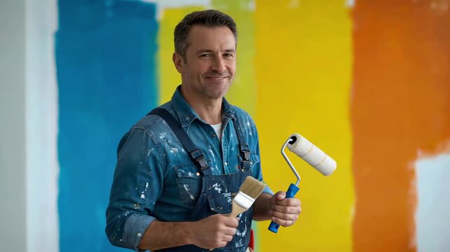 Happy man holding paint roller and brush in colorful room  