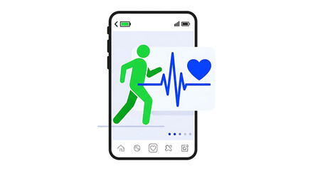 Fototapeta premium Mobile phone displaying a running person and heart rate monitor, illustrating a fitness tracking application for health and wellness, symbolizing an active lifestyle
