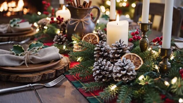 Festive Christmas Table Setting with Rustic Decorations Candles and Pine Cones