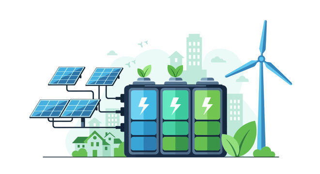 Sustainable Energy Storage: Solar, Wind Power & Battery System for Green Cities & Eco-Friendly Grids