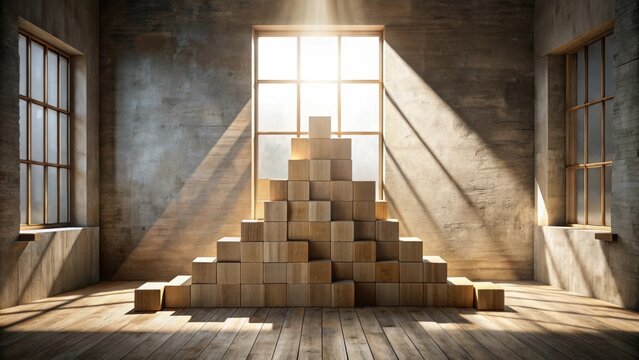 Sunlit Room with a Pyramid of Wooden Blocks Forming a Staircase Structure