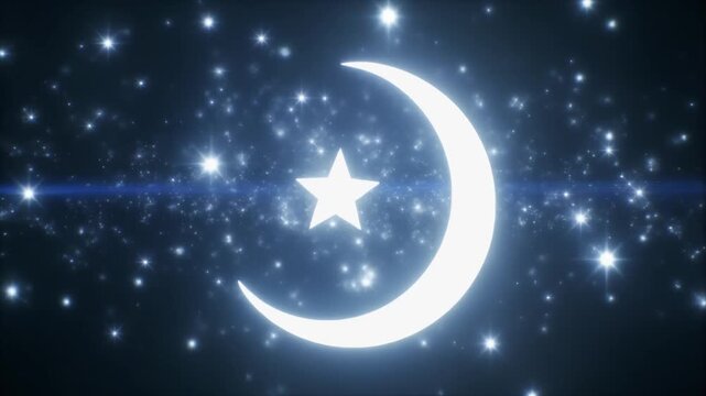 Glowing crescent moon and star symbol against a dark, sparkling night sky with blue light, representing Islamic faith and spirituality.
