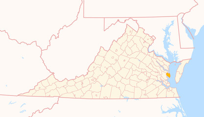 Fototapeta premium Map of the County Mathews (Virginia, US) showing the Federal State with the highlighted County