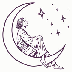 Woman sitting on crescent moon looking up at stars in the night sky in a peaceful and dreamy scene © sahana11