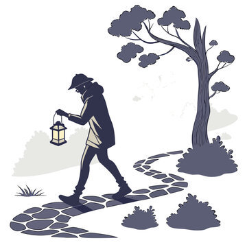 A man walking on a stone path with a lantern in a landscape with trees and bushes