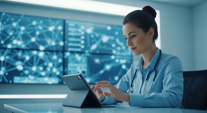 Female doctor analyzes digital patient data on tablet in modern hospital command center with glowing data screens