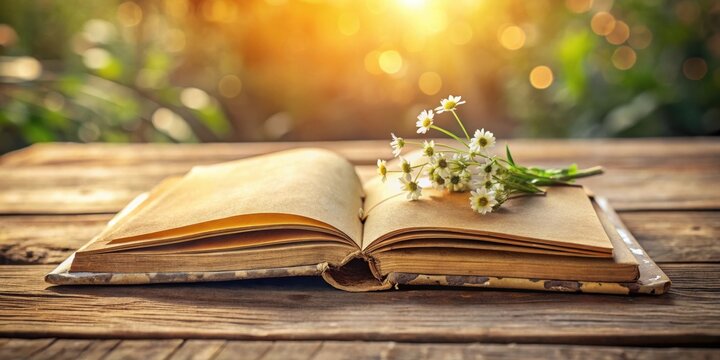 A weathered book rests open on a rustic wooden surface, adorned with a delicate bouquet of wildflowers, bathed in the warm glow of sunlight filtering through lush greenery.
