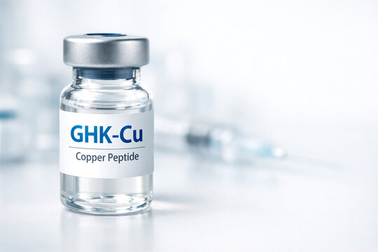 GHK-Cu copper peptide vial for injection. Medical glass bottle with label of chemical compound for skin rejuvenation and anti aging therapy. Healthcare laboratory pharmaceutical product