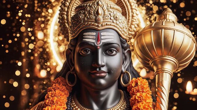 Divine Lord Hanuman Statue with Golden Mace and Cinematic Lighting