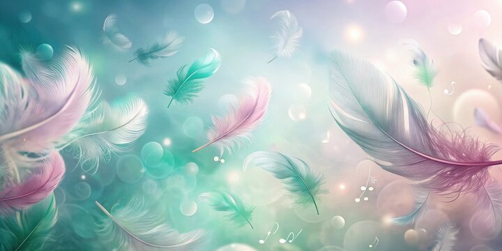 Pastel Feathers Drifting on a Gentle Breeze, a Serene and Dreamlike Background with Musical Notes
