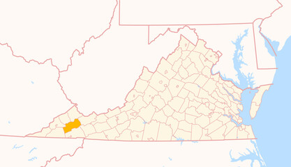 Fototapeta premium Map of the County Russell (Virginia, US) showing the Federal State with the highlighted County