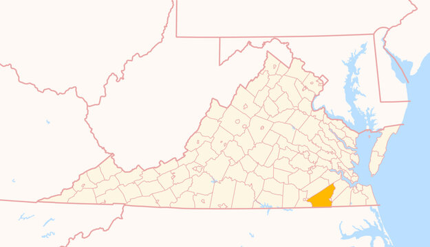 Map of the County Southampton (Virginia, US) showing the Federal State with the highlighted County
