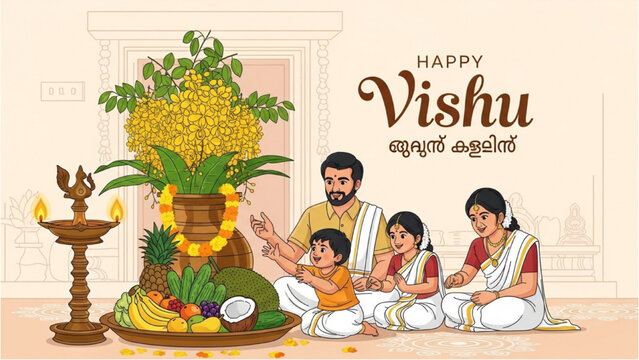 Family celebrates traditional Vishu festival with decorations and offerings