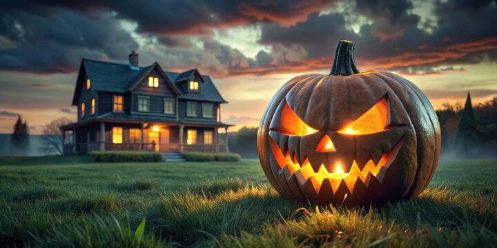 A menacing jack-o'-lantern glows ominously in the twilight grass before a darkened house, creating an eerie autumnal scene.