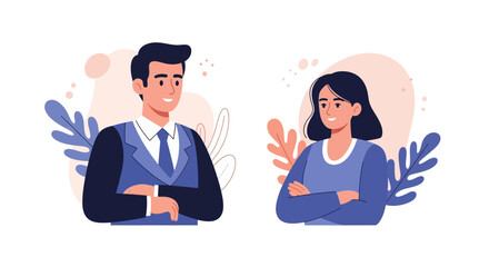 Fototapeta premium Professional Man and Woman in Business Attire, Smiling and Communicating. Teamwork, Partnership, and Collaboration in Modern Flat Illustration Style.