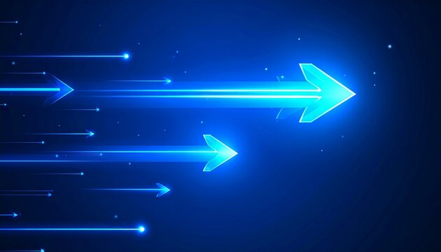 Glowing blue arrows move fast in dynamic motion on a dark background.