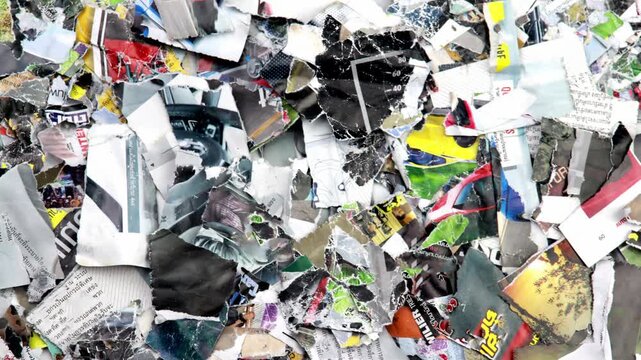 Abstract background of layered torn posters and shredded paper with messy textures and street art aesthetic in a seamless loop style.