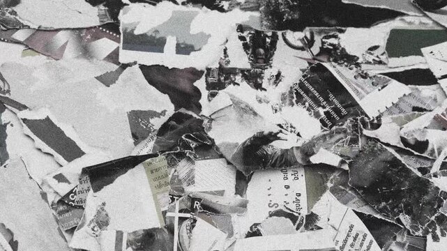 Abstract background of layered torn posters and shredded paper with messy textures and street art aesthetic in a seamless loop style.
