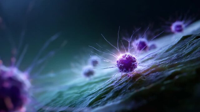 Close-up View of Vibrant Microscopic Cells Interacting on a Biological Surface in a Dynamic and Colorful Environment Full of Energy and Life.