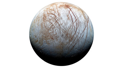 Fractured icy spherical Europa revealing reddish-brown lineae and mottled terrain, isolated on transparent background © Marie