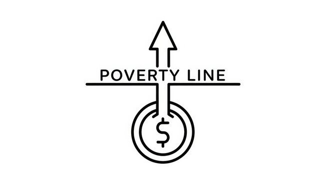 Conceptual illustration of overcoming poverty, showing a dollar coin rising above the poverty line with an upward arrow.