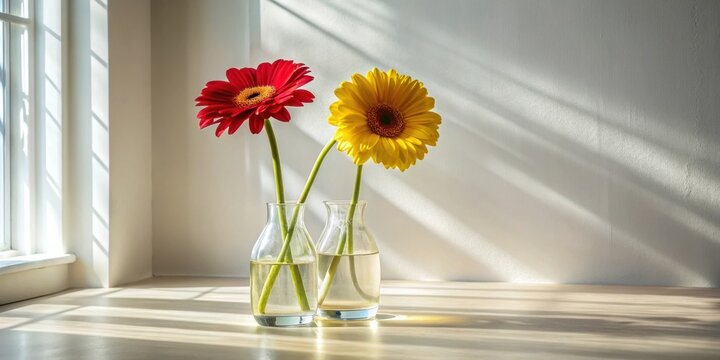 Sunlight illuminates two vibrant gerbera daisies in glass vases, creating a serene and cheerful atmosphere.