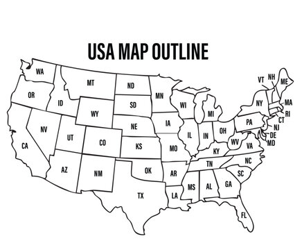 USA Map Outline with State Abbreviations Black and White Vector Illustration